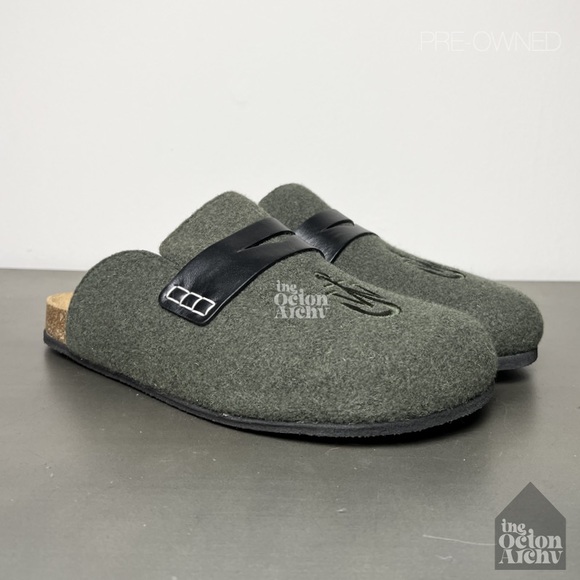 Size 11.5 JW Anderson Felt Loafer Mules 'Dark Olive' ANM39501A Pre-Owned - Picture 1 of 12